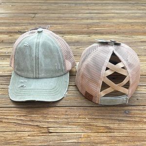 C.C Olive Green Distressed Criss Cross Pony Cap
